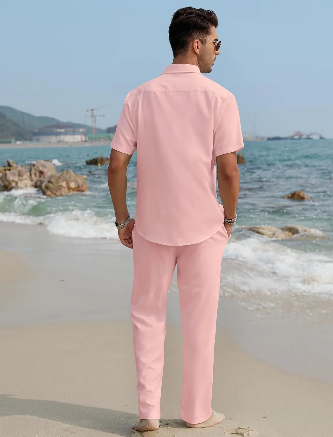 EISHOPEER Men's Linen Sets 3 Pieces Casual Button Down Cotton Linen Shirt and Long Pants Set Beach Outfits with Hats S-3XL