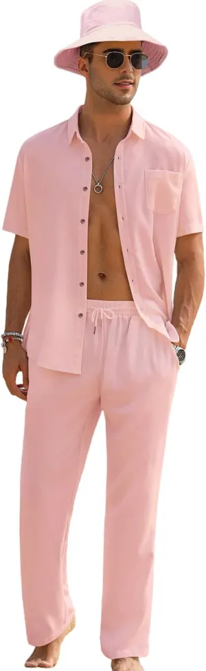 EISHOPEER Men's Linen Sets 3 Pieces Casual Button Down Cotton Linen Shirt and Long Pants Set Beach Outfits with Hats S-3XL