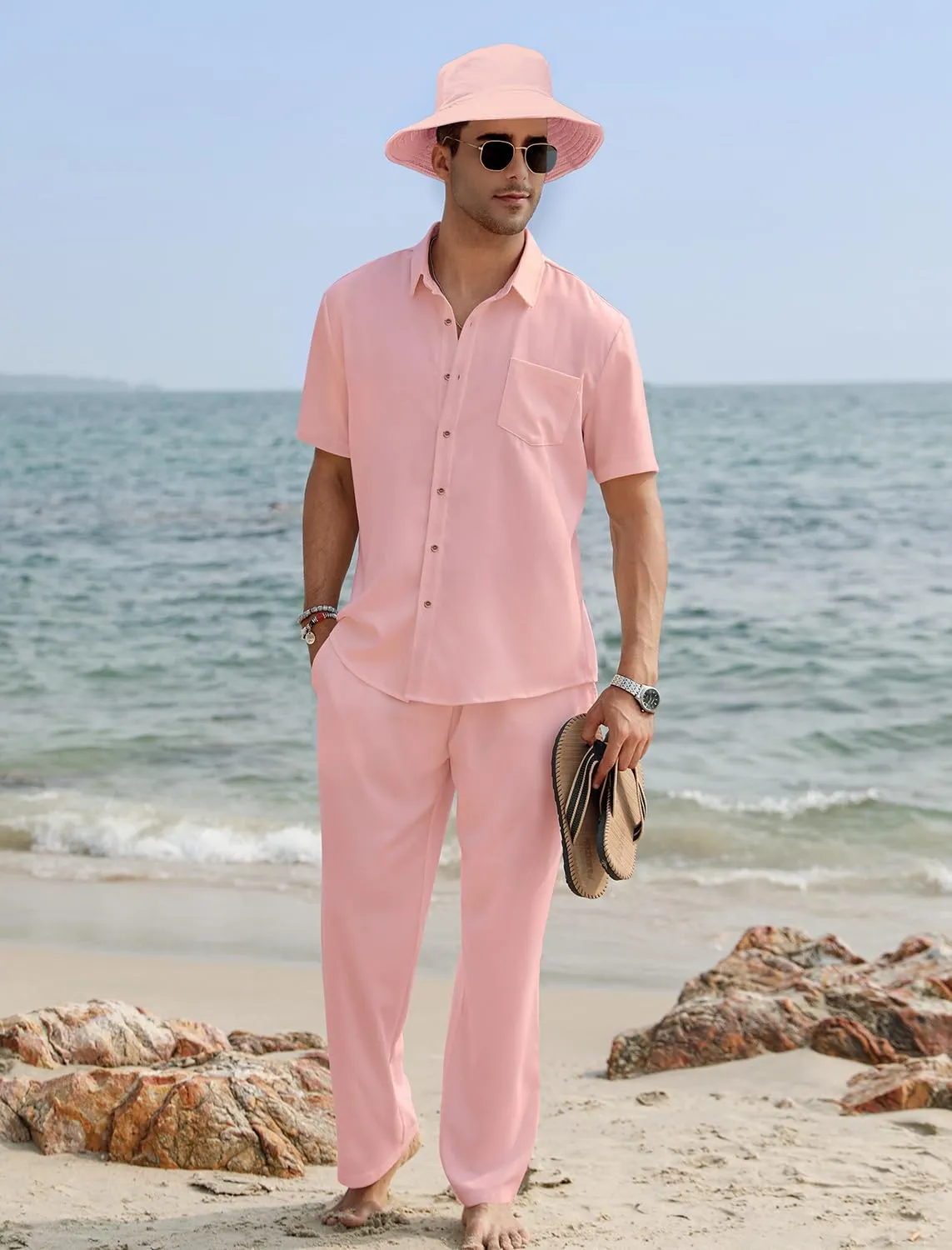 EISHOPEER Men's Linen Sets 3 Pieces Casual Button Down Cotton Linen Shirt and Long Pants Set Beach Outfits with Hats S-3XL