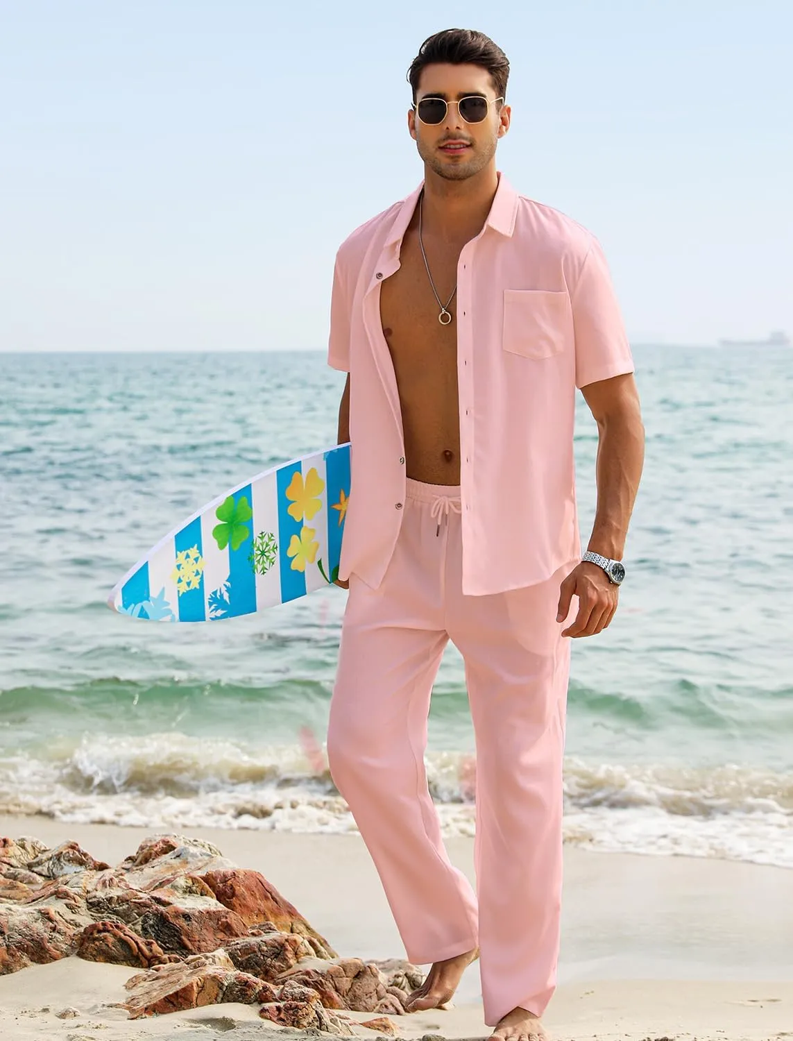 EISHOPEER Men's Linen Sets 3 Pieces Casual Button Down Cotton Linen Shirt and Long Pants Set Beach Outfits with Hats S-3XL