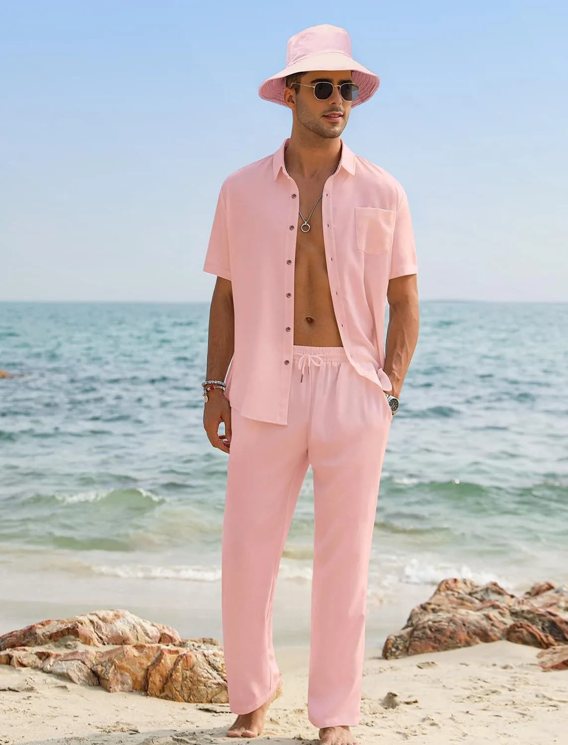 EISHOPEER Men's Linen Sets 3 Pieces Casual Button Down Cotton Linen Shirt and Long Pants Set Beach Outfits with Hats S-3XL