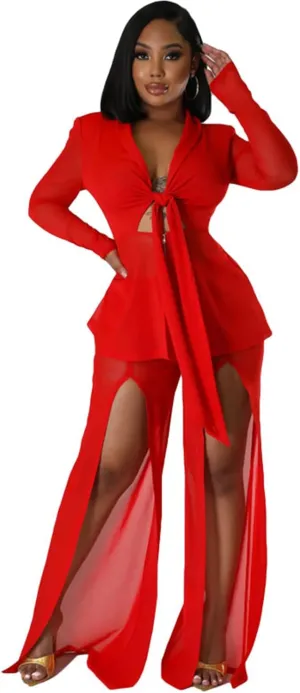 Elainone Women's Sexy 2 Piece Outfits Long Sleeve Mesh See Through Tie Front Crop Top Split Wide Leg Pants Sets