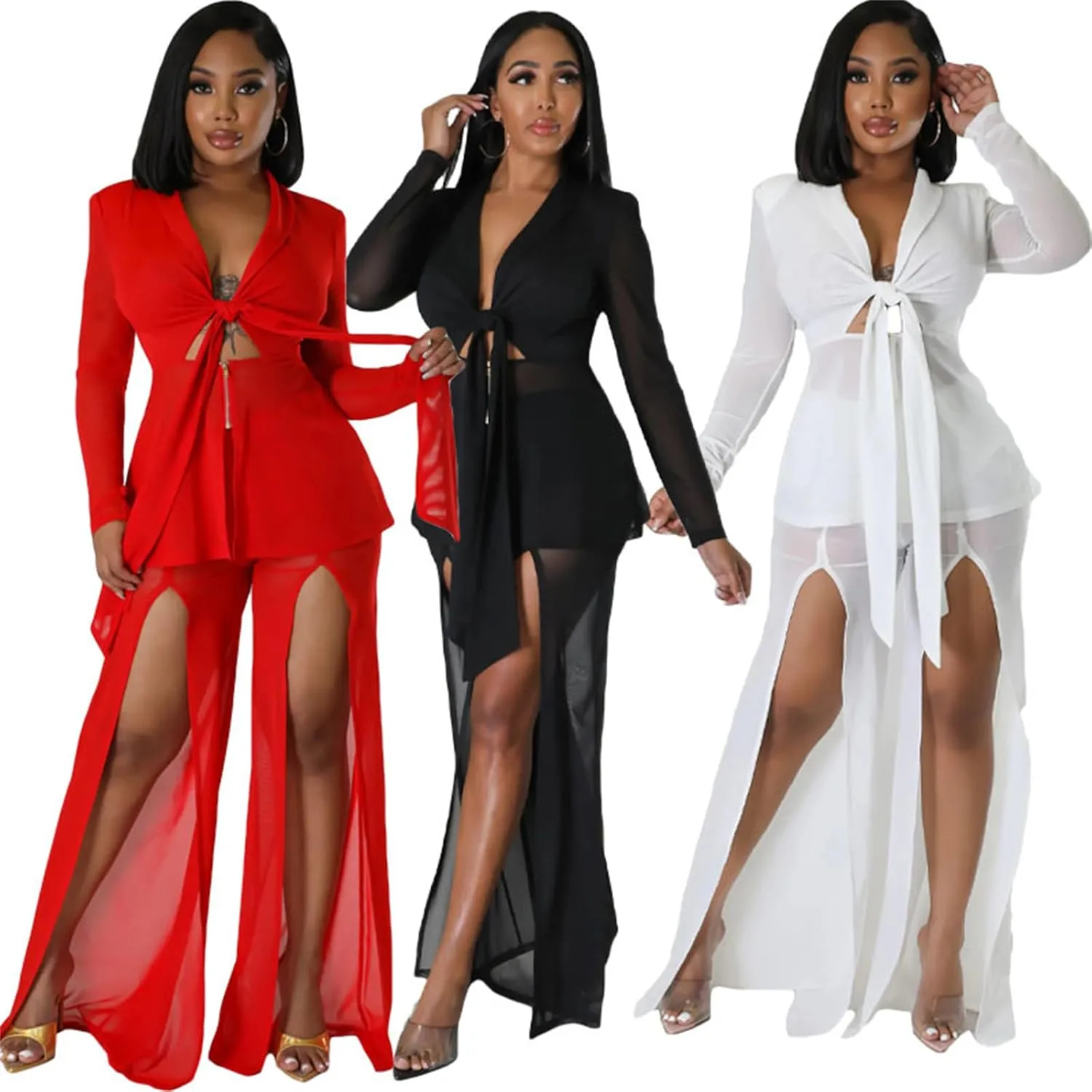 Elainone Women's Sexy 2 Piece Outfits Long Sleeve Mesh See Through Tie Front Crop Top Split Wide Leg Pants Sets