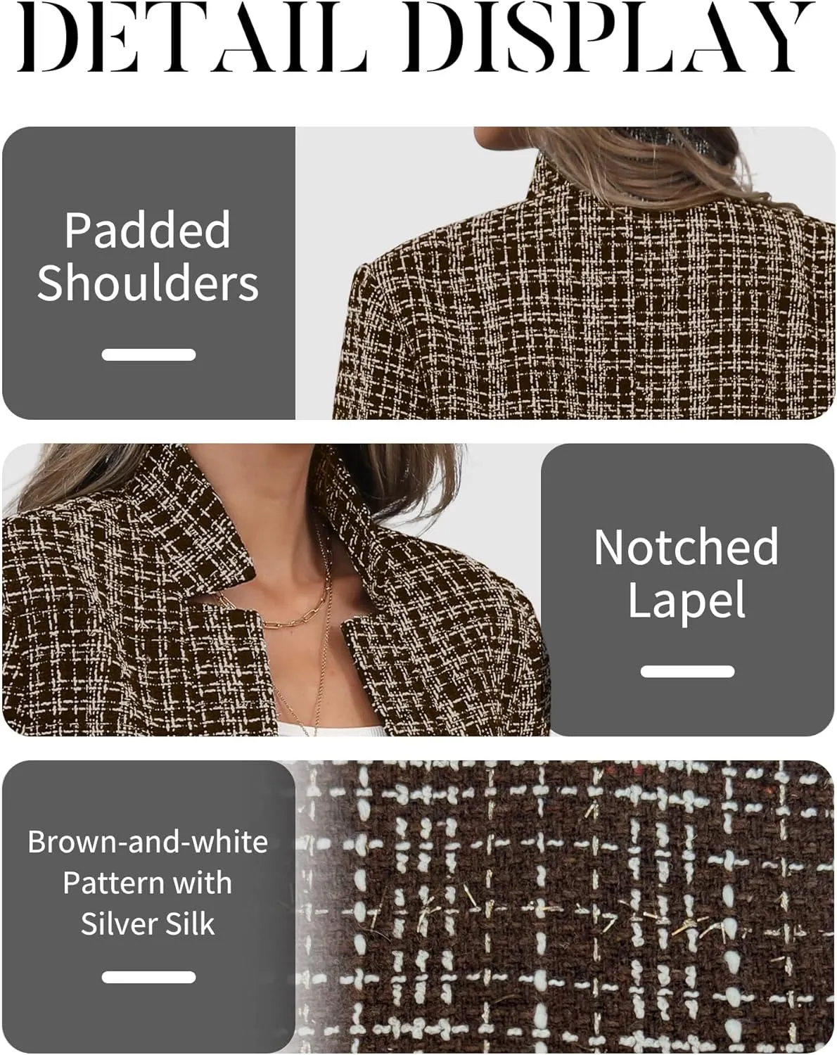 ELLEVEN Womens' Tweed Blazer Long Sleeve Jacket Notch Collar Fully Lined Casual Business Trendy Elegant Work Office Coat