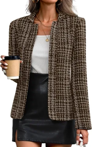 ELLEVEN Womens' Tweed Blazer Long Sleeve Jacket Notch Collar Fully Lined Casual Business Trendy Elegant Work Office Coat