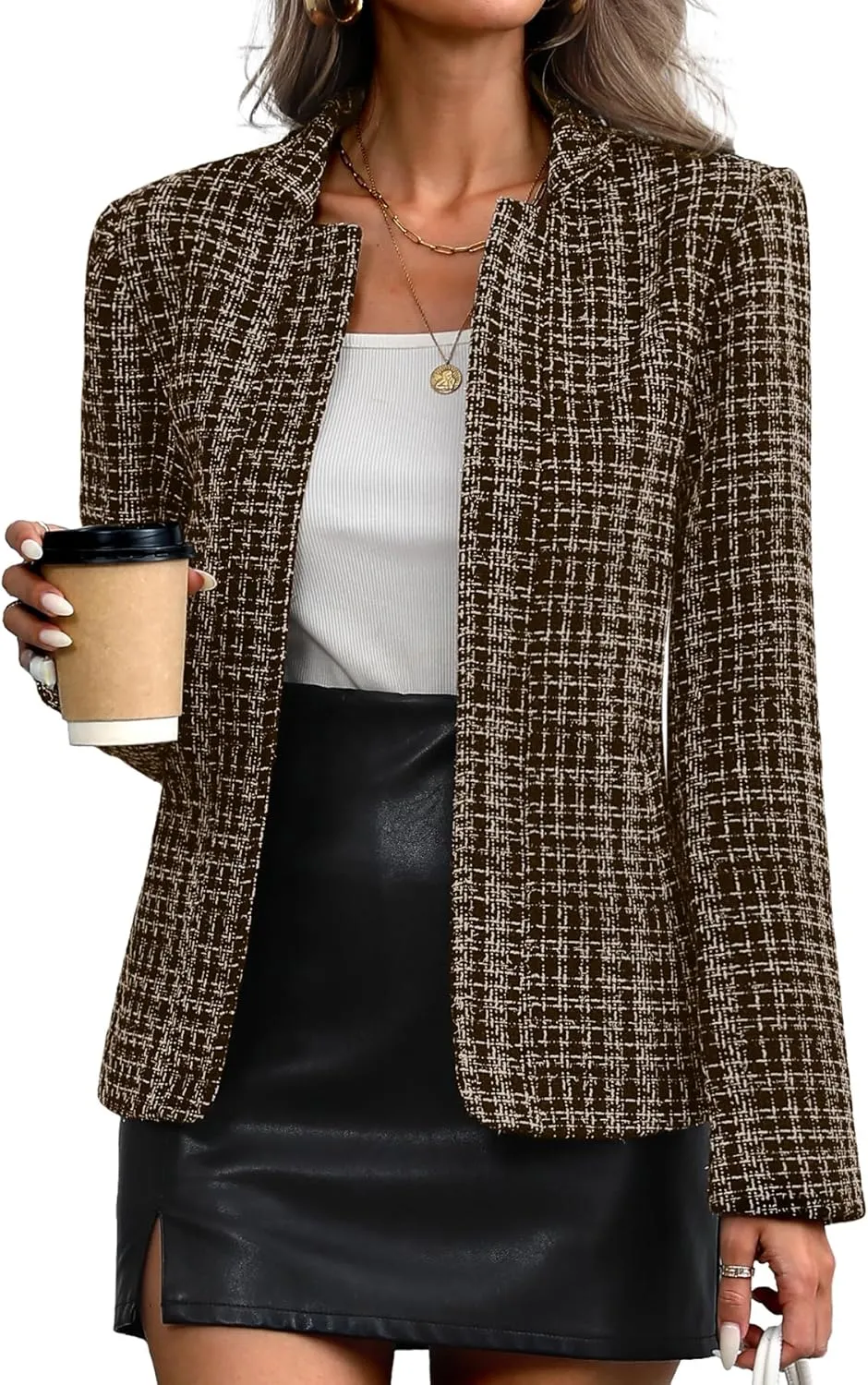ELLEVEN Womens' Tweed Blazer Long Sleeve Jacket Notch Collar Fully Lined Casual Business Trendy Elegant Work Office Coat