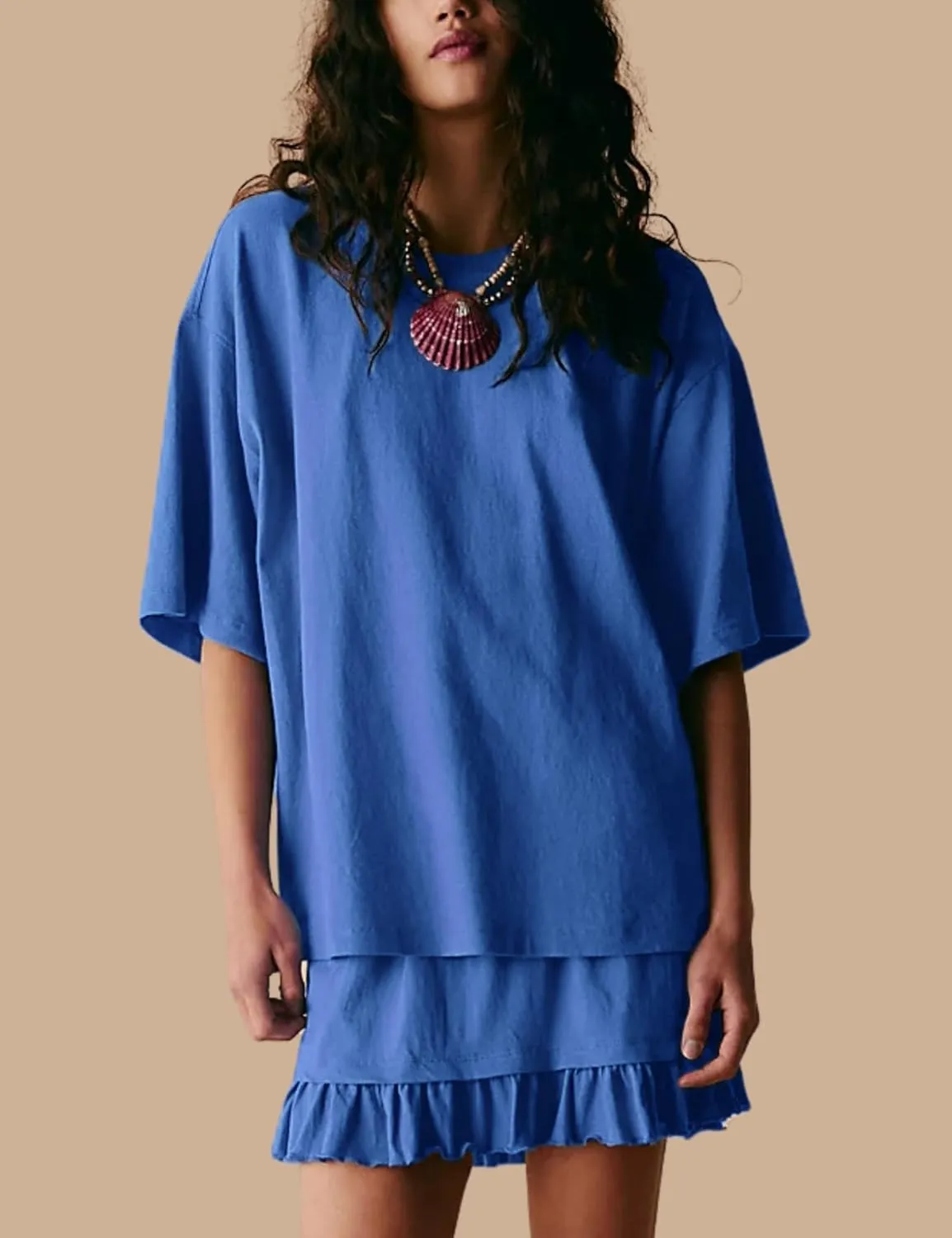 Esmeling Women Summer 2 Piece Skirt Sets Round Neck Short Sleeve Outfits Casual Tops and Pleated Skirts Sets