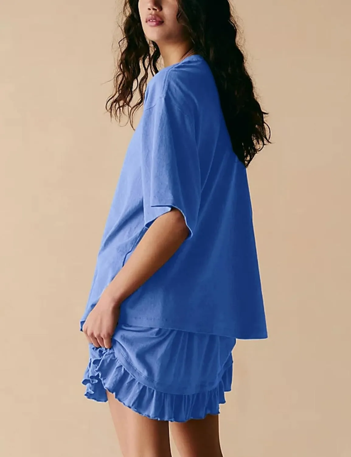 Esmeling Women Summer 2 Piece Skirt Sets Round Neck Short Sleeve Outfits Casual Tops and Pleated Skirts Sets