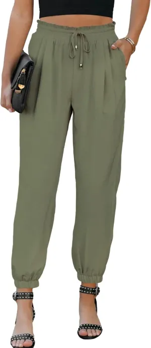 EVALESS Womens 2025 Summer Casual Pants Drawstring Elastic High Waisted Work Trousers Joggers Trendy Harem Pants with Pockets