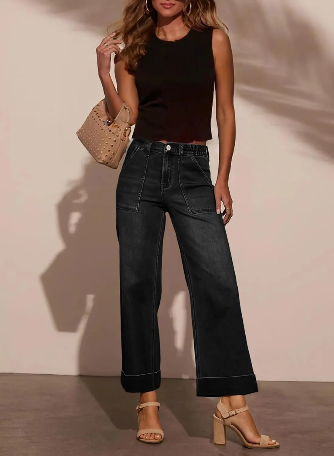 EVALESS Womens High Waist Wide Leg Jeans Trendy Cropped Denim Pants Solid Ankle Length Stretchy Jeans with Pockets