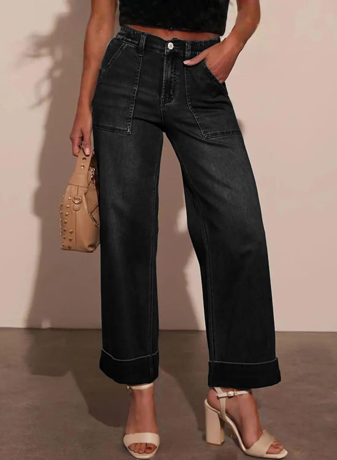 EVALESS Womens High Waist Wide Leg Jeans Trendy Cropped Denim Pants Solid Ankle Length Stretchy Jeans with Pockets