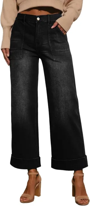 EVALESS Womens High Waist Wide Leg Jeans Trendy Cropped Denim Pants Solid Ankle Length Stretchy Jeans with Pockets