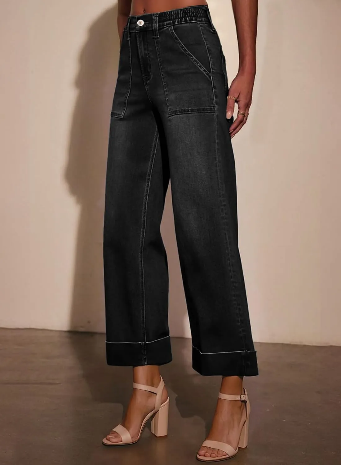 EVALESS Womens High Waist Wide Leg Jeans Trendy Cropped Denim Pants Solid Ankle Length Stretchy Jeans with Pockets