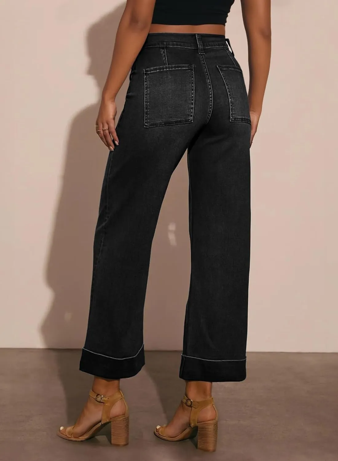EVALESS Womens High Waist Wide Leg Jeans Trendy Cropped Denim Pants Solid Ankle Length Stretchy Jeans with Pockets