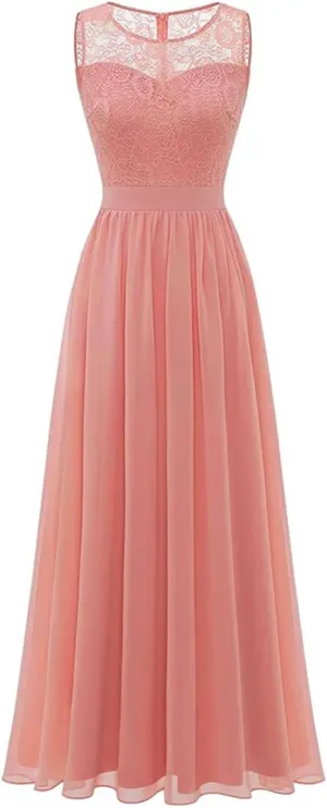 Evening Gowns for Women Elegant Party Lace and Chiffon Pleated Maxi Dress O-Neck Sleeveless Vintage Dresses