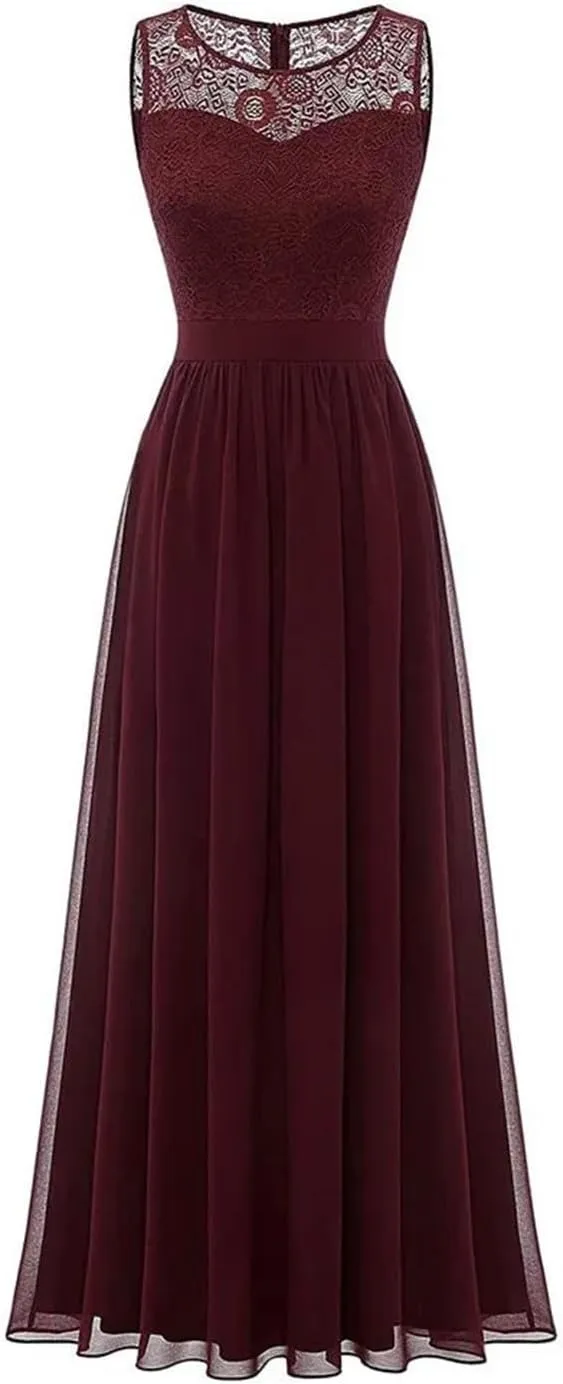 Evening Gowns for Women Elegant Party Lace and Chiffon Pleated Maxi Dress O-Neck Sleeveless Vintage Dresses