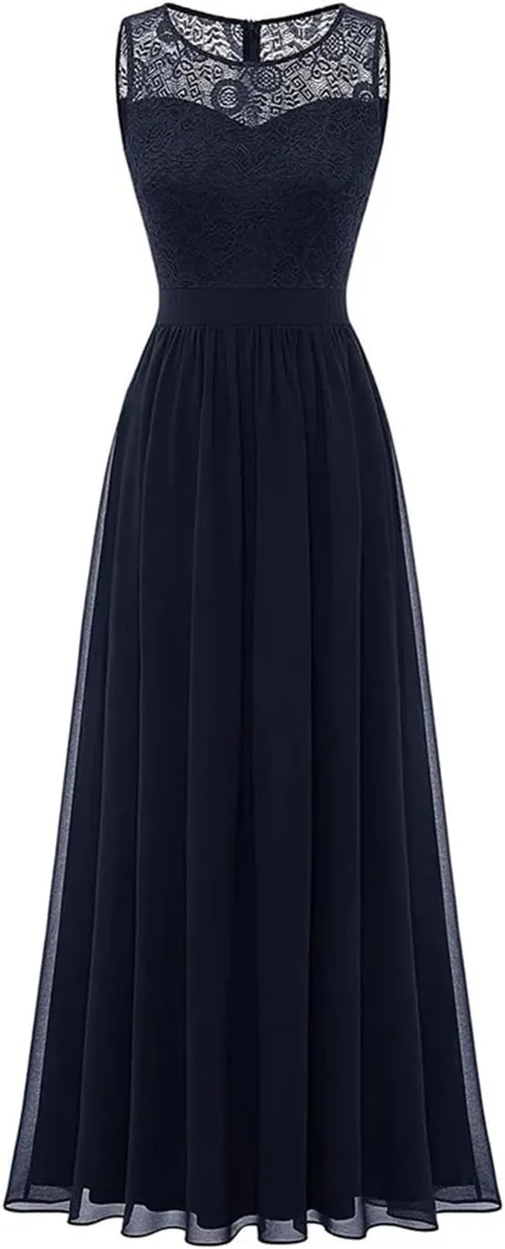 Evening Gowns for Women Elegant Party Lace and Chiffon Pleated Maxi Dress O-Neck Sleeveless Vintage Dresses