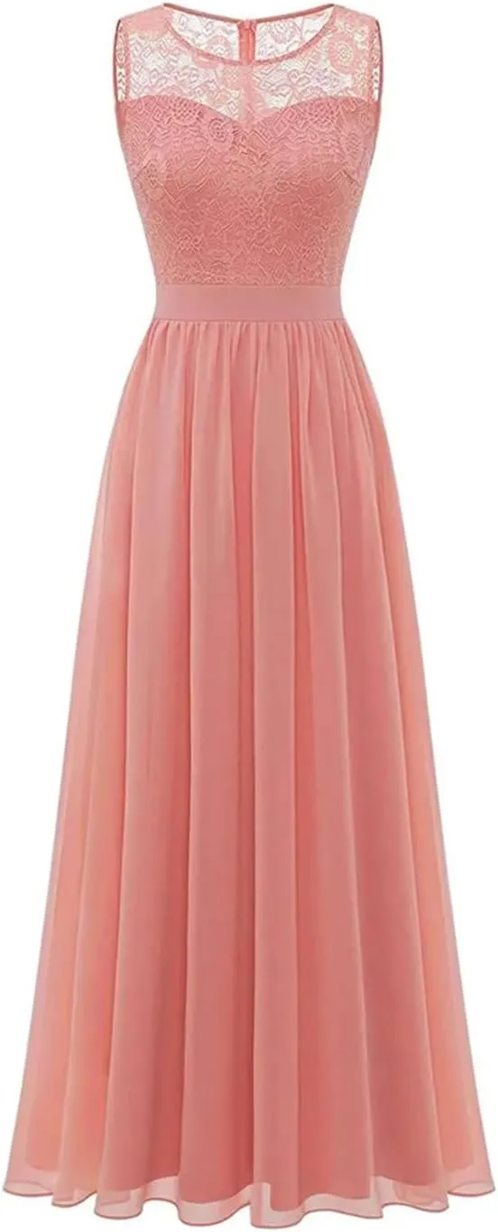 Evening Gowns for Women Elegant Party Lace and Chiffon Pleated Maxi Dress O-Neck Sleeveless Vintage Dresses