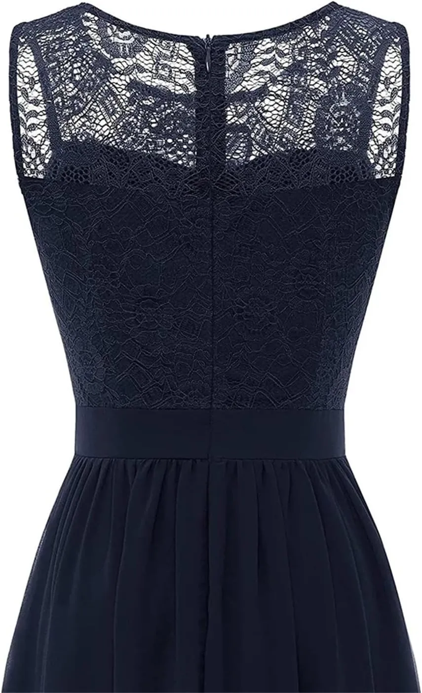 Evening Gowns for Women Elegant Party Lace and Chiffon Pleated Maxi Dress O-Neck Sleeveless Vintage Dresses