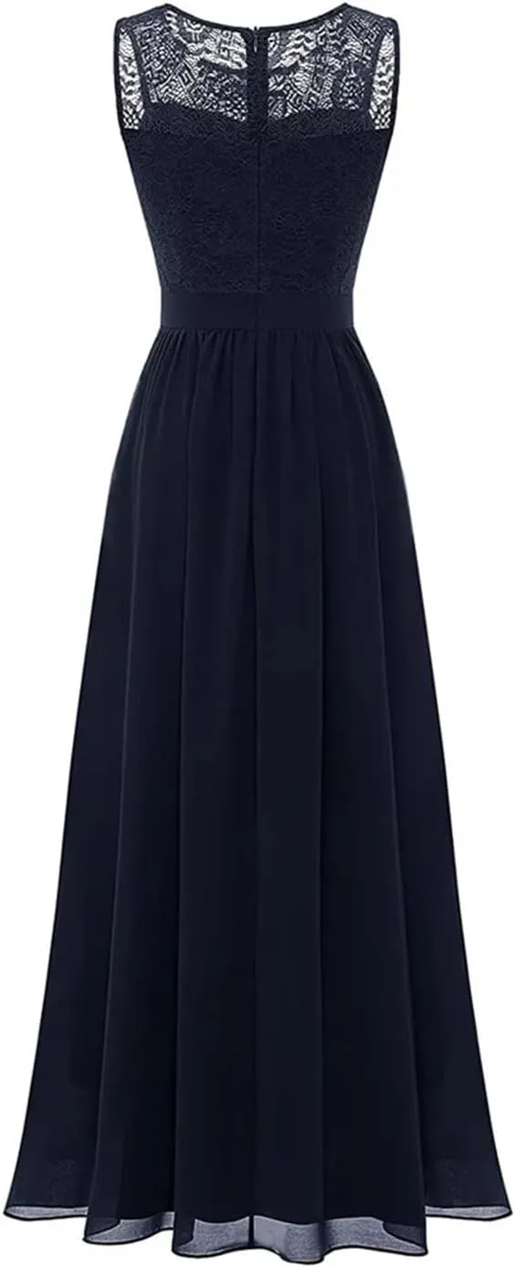 Evening Gowns for Women Elegant Party Lace and Chiffon Pleated Maxi Dress O-Neck Sleeveless Vintage Dresses
