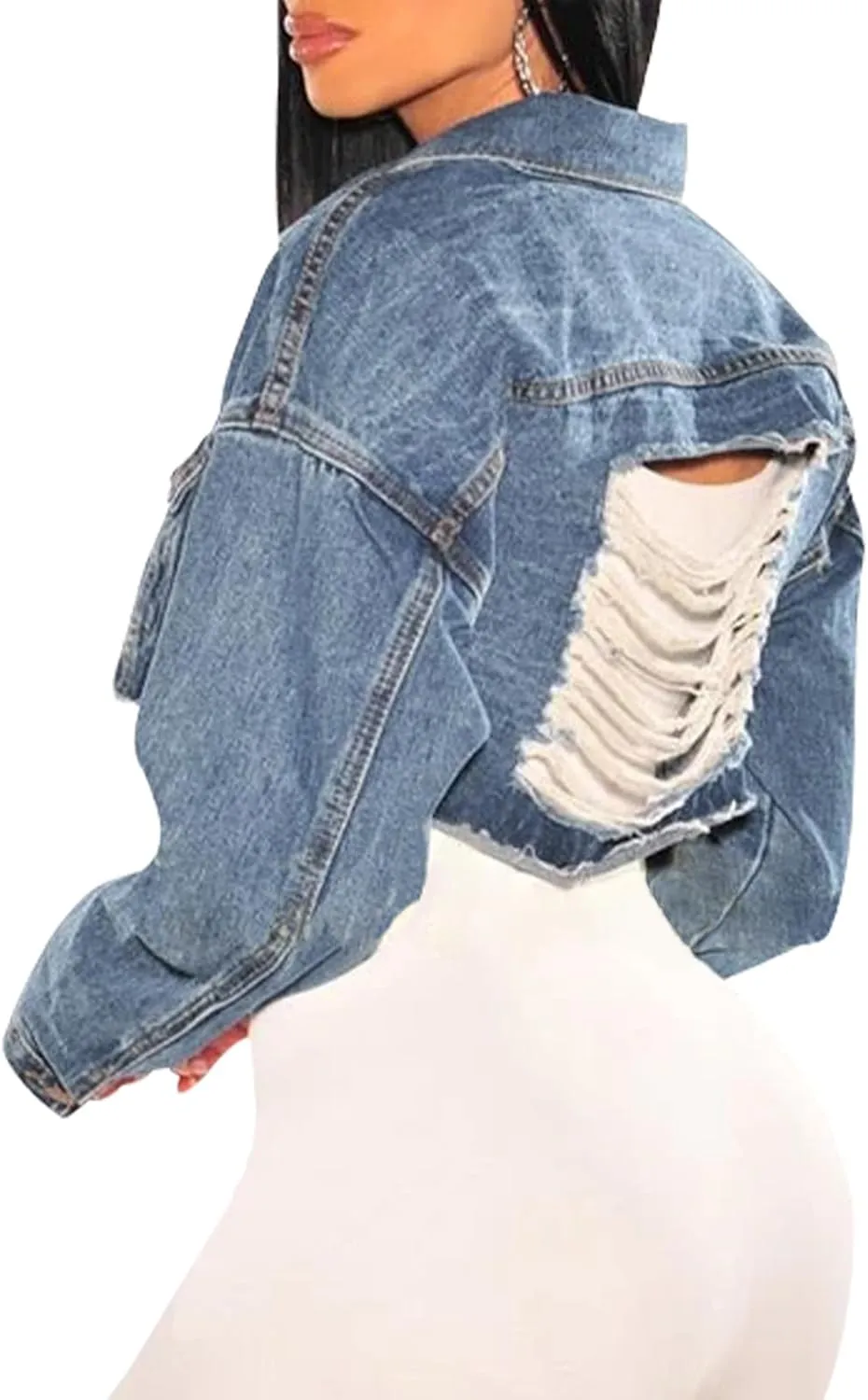 FairBeauty Women's Washed Distressed Denim Jacket Long Sleeve Ripped Button Up Cropped Jean Jacket