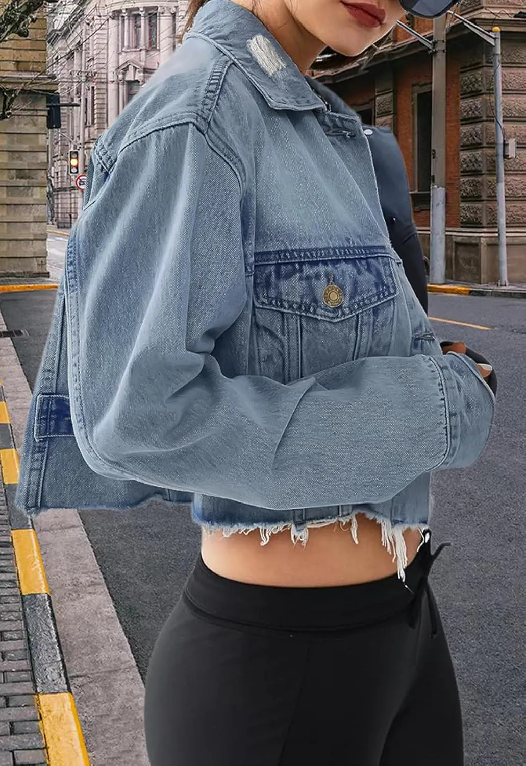 FairBeauty Women's Washed Distressed Denim Jacket Long Sleeve Ripped Button Up Cropped Jean Jacket