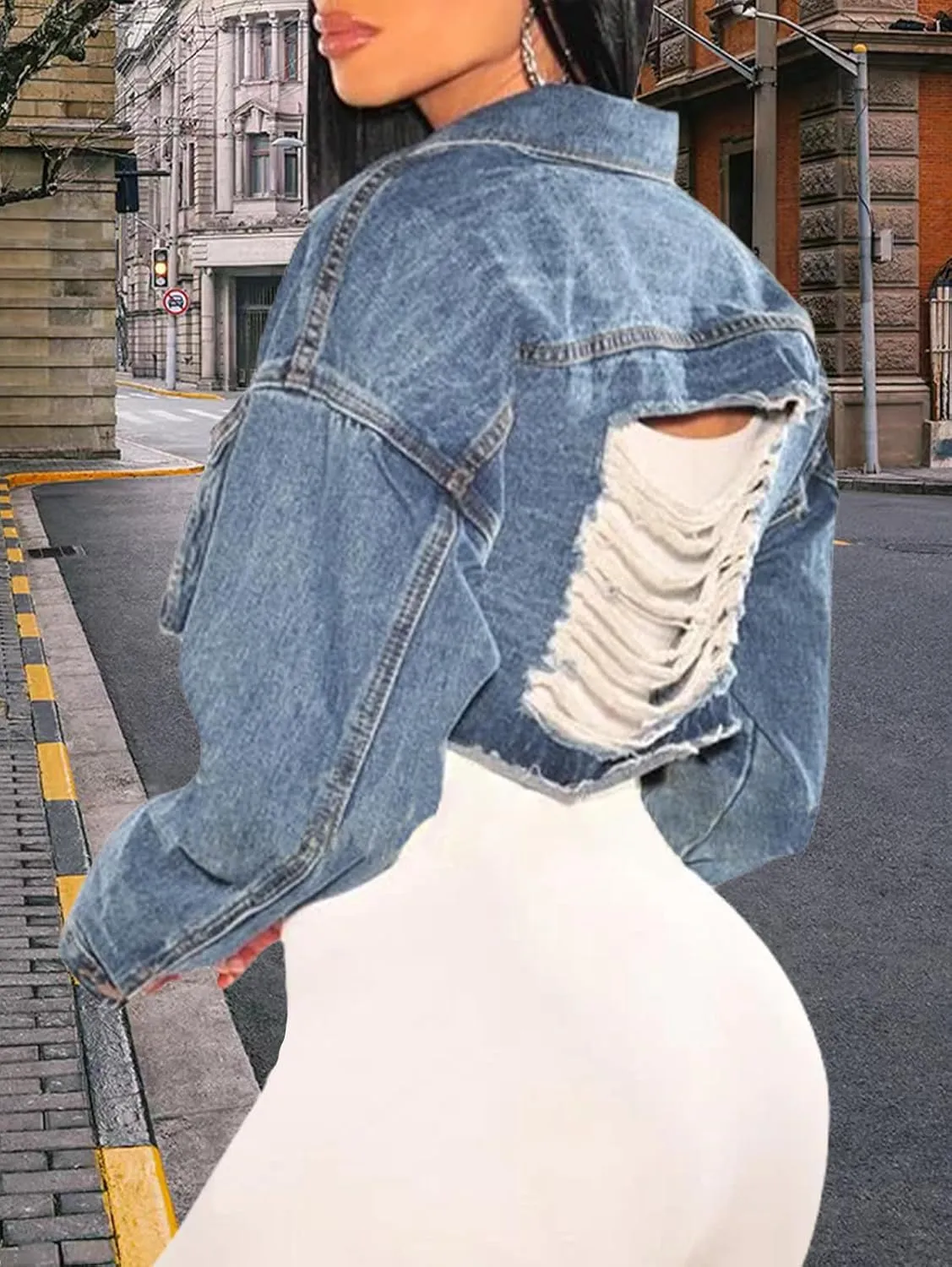 FairBeauty Women's Washed Distressed Denim Jacket Long Sleeve Ripped Button Up Cropped Jean Jacket