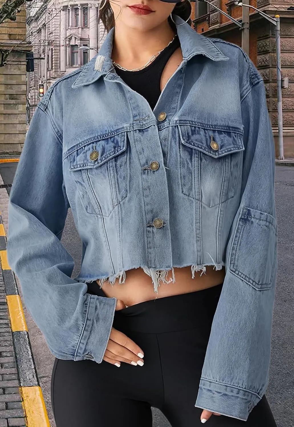 FairBeauty Women's Washed Distressed Denim Jacket Long Sleeve Ripped Button Up Cropped Jean Jacket