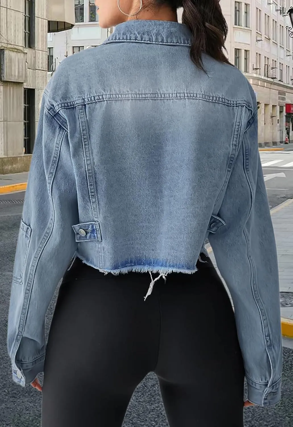 FairBeauty Women's Washed Distressed Denim Jacket Long Sleeve Ripped Button Up Cropped Jean Jacket