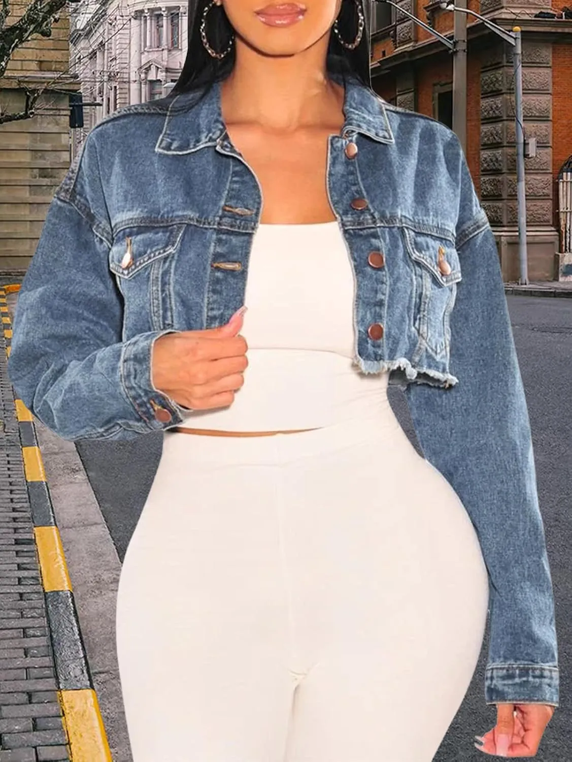 FairBeauty Women's Washed Distressed Denim Jacket Long Sleeve Ripped Button Up Cropped Jean Jacket