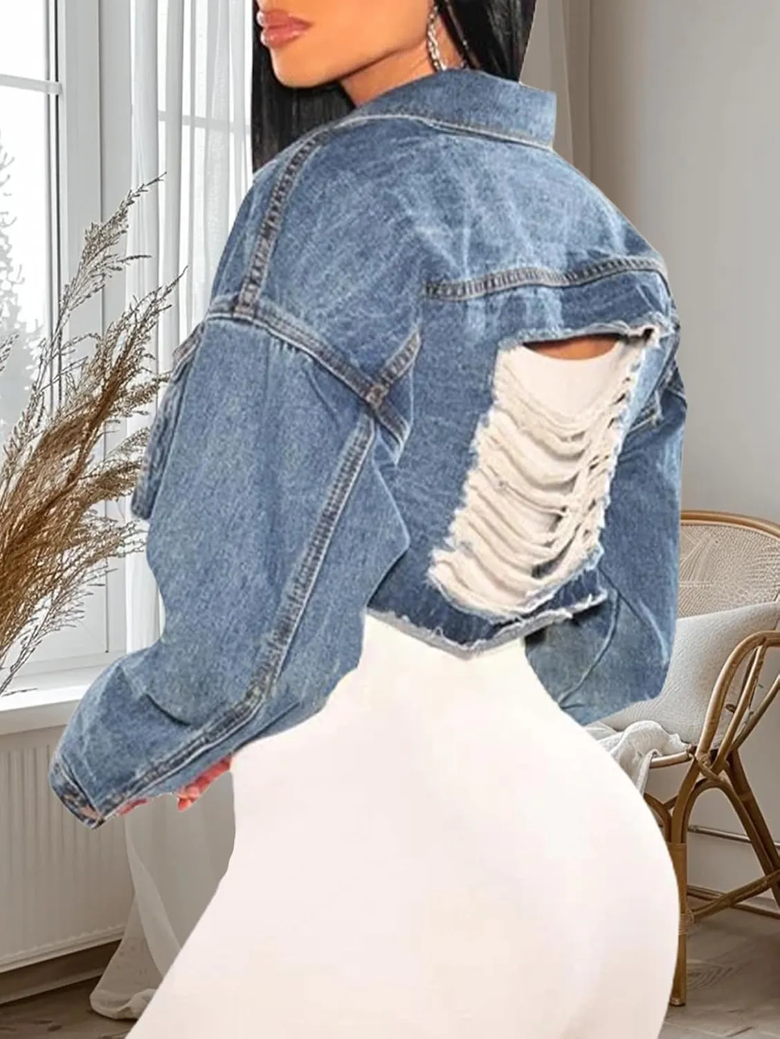 FairBeauty Women's Washed Distressed Denim Jacket Long Sleeve Ripped Button Up Cropped Jean Jacket
