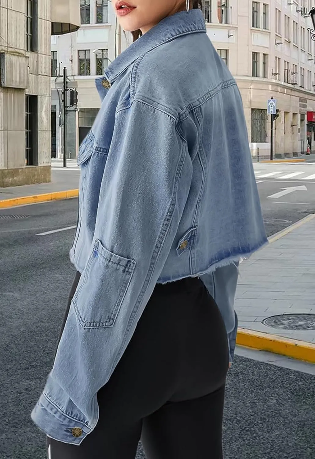 FairBeauty Women's Washed Distressed Denim Jacket Long Sleeve Ripped Button Up Cropped Jean Jacket