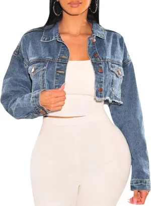 FairBeauty Women's Washed Distressed Denim Jacket Long Sleeve Ripped Button Up Cropped Jean Jacket