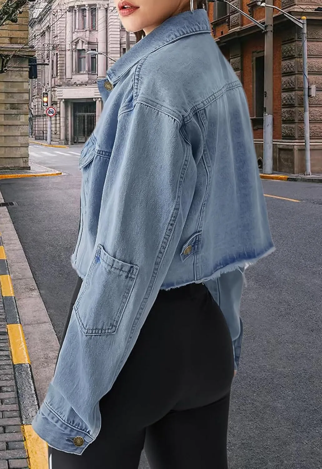 FairBeauty Women's Washed Distressed Denim Jacket Long Sleeve Ripped Button Up Cropped Jean Jacket