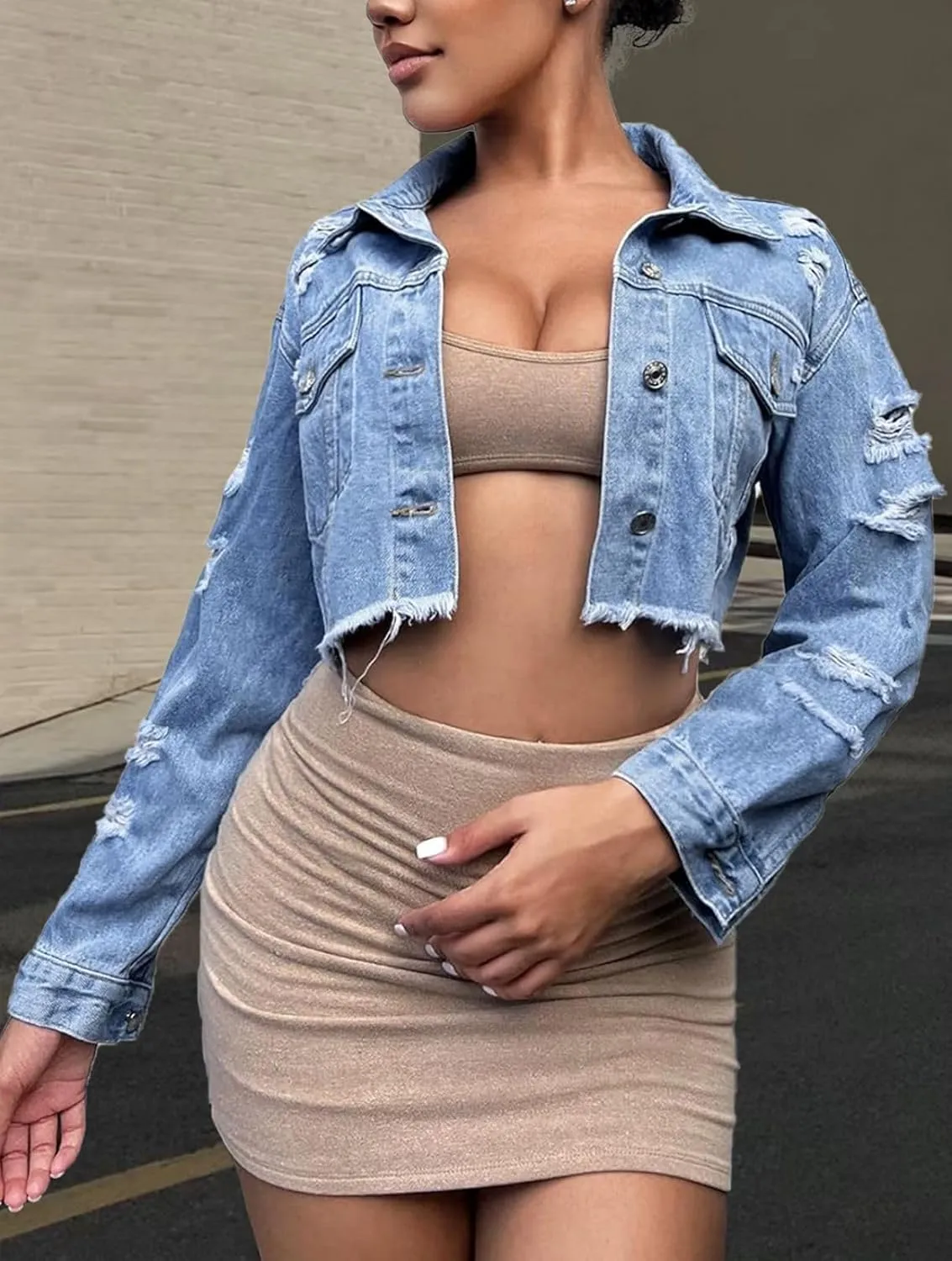 FairBeauty Women's Washed Distressed Denim Jacket Long Sleeve Ripped Button Up Cropped Jean Jacket