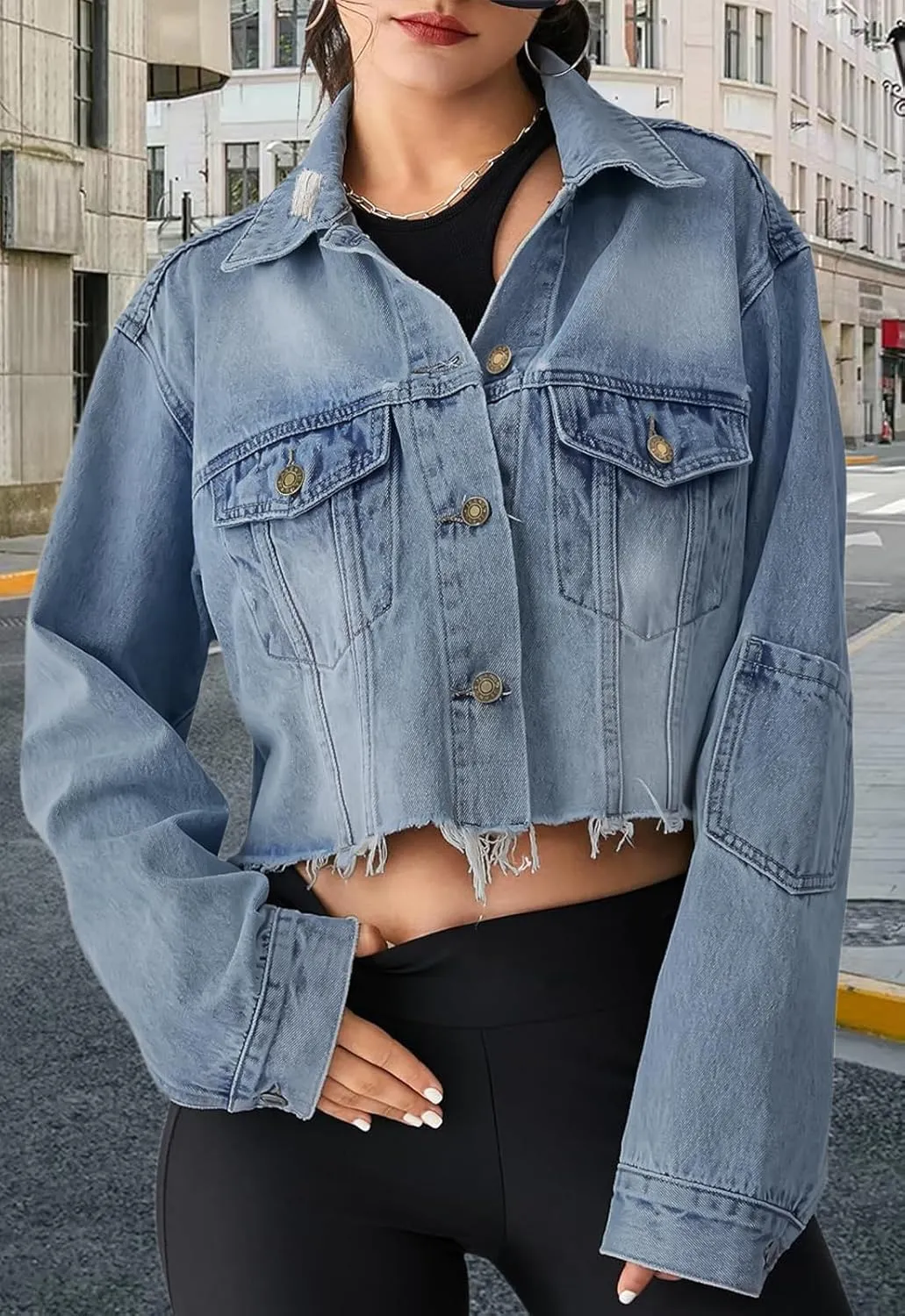 FairBeauty Women's Washed Distressed Denim Jacket Long Sleeve Ripped Button Up Cropped Jean Jacket