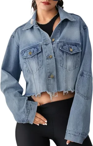 FairBeauty Women's Washed Distressed Denim Jacket Long Sleeve Ripped Button Up Cropped Jean Jacket