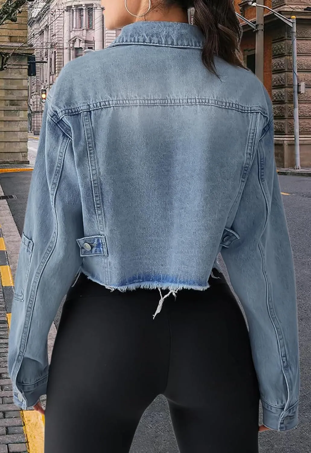 FairBeauty Women's Washed Distressed Denim Jacket Long Sleeve Ripped Button Up Cropped Jean Jacket