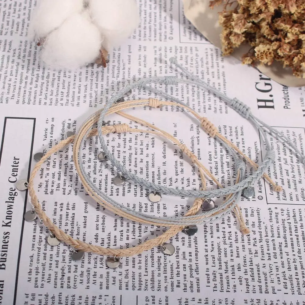 FANCY SHINY String Ankle Bracelets Waterproof Rope Anklets Braided Beach Boho Coin Anklets Cute Friendship Foot Jewelry for Women