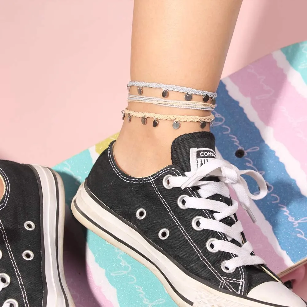 FANCY SHINY String Ankle Bracelets Waterproof Rope Anklets Braided Beach Boho Coin Anklets Cute Friendship Foot Jewelry for Women