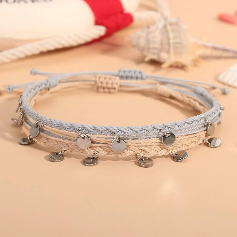 FANCY SHINY String Ankle Bracelets Waterproof Rope Anklets Braided Beach Boho Coin Anklets Cute Friendship Foot Jewelry for Women