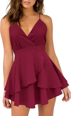 firfig Womens Deep V-Neck Cami Dress Crisscross Open Back Tie Waist Mini Dresses