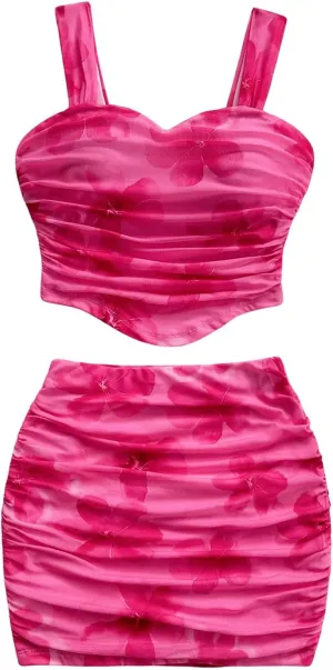 Floerns Women's 2 Piece Outfit Floral Ruched Sleeveless Crop Top and Mini Pencil Skirt Set