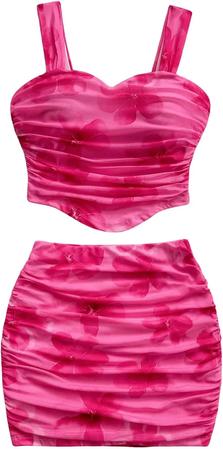 Floerns Women's 2 Piece Outfit Floral Ruched Sleeveless Crop Top and Mini Pencil Skirt Set