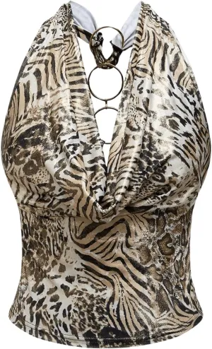 Floerns Women's Cheetah Print Draped Halter Tops Ring Linked Backless Tank Top