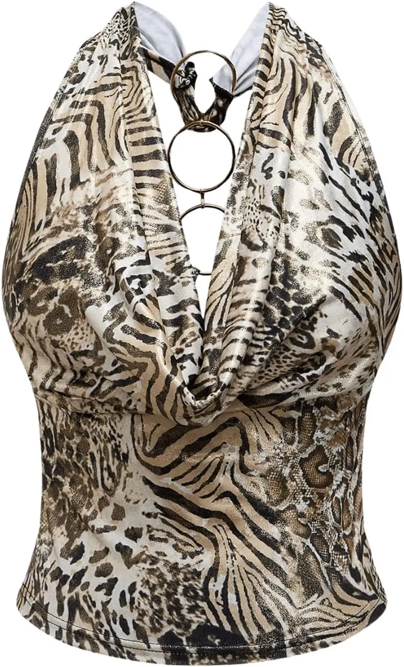 Floerns Women's Cheetah Print Draped Halter Tops Ring Linked Backless Tank Top