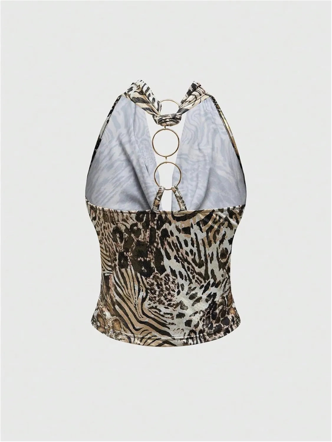 Floerns Women's Cheetah Print Draped Halter Tops Ring Linked Backless Tank Top