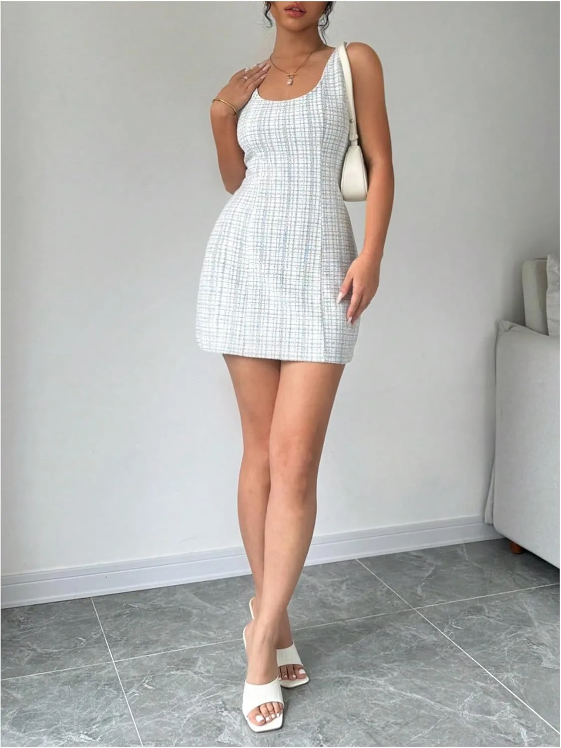Floerns Women's Plaid Print Scoop Neck Mini Dress Summer Sleeveless Tank Dress