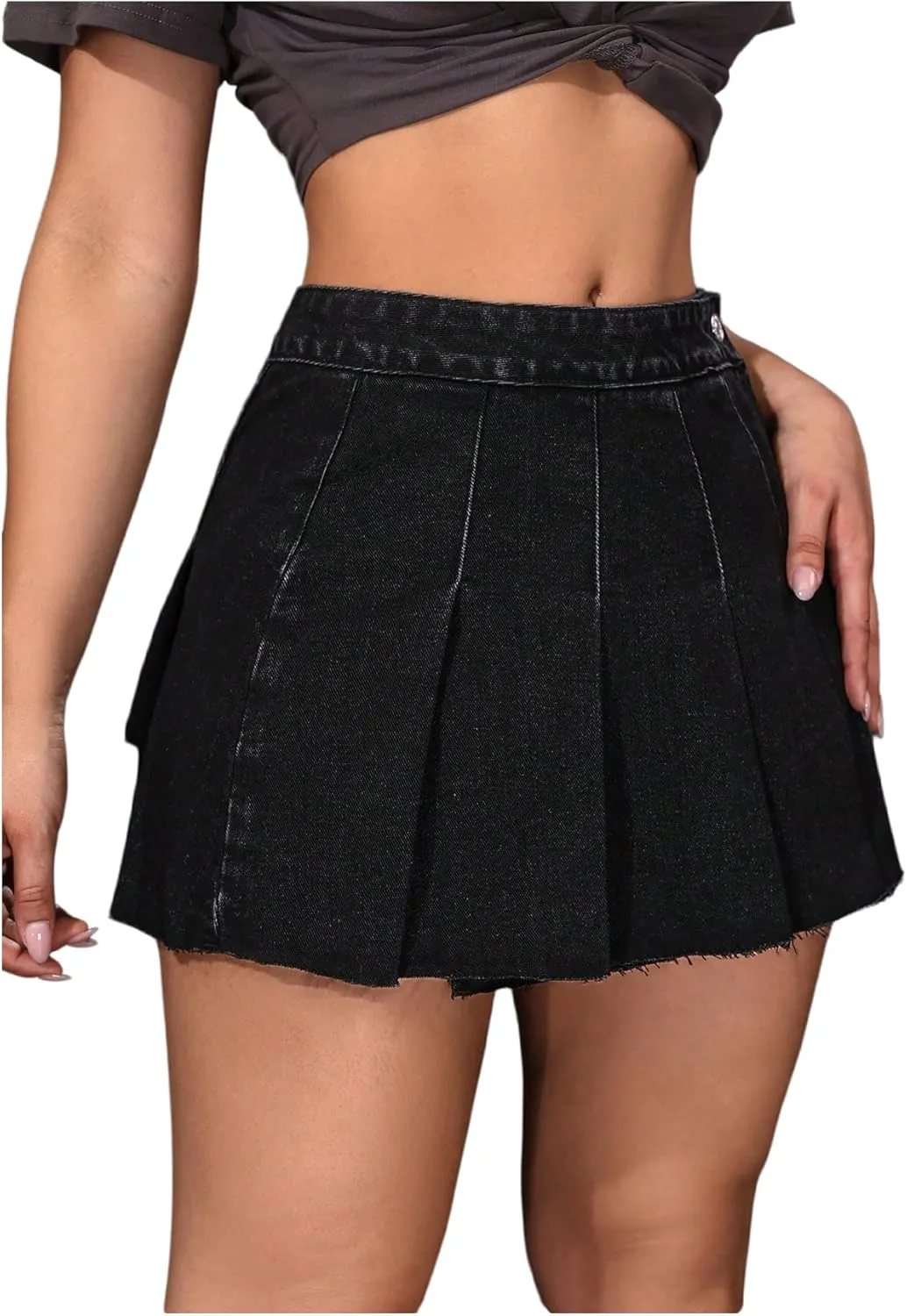 Floerns Women's Pleated Distressed Drop Waisted Denim Skirt A Line Flare Jean Mini Skirts