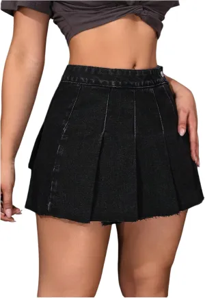 Floerns Women's Pleated Distressed Drop Waisted Denim Skirt A Line Flare Jean Mini Skirts